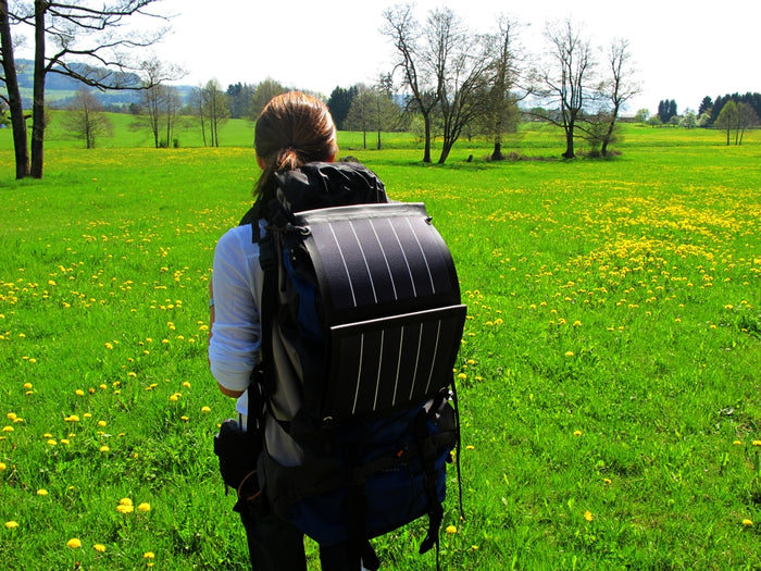 A hiker viewed from behind, wearing a large backpack with an attached solar panel, standing in a bright green meadow filled with yellow flowers.