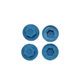 Light blue plastic hex head screw caps shown from top and underside
