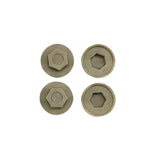 Light brown plastic hex head screw caps shown from top and underside