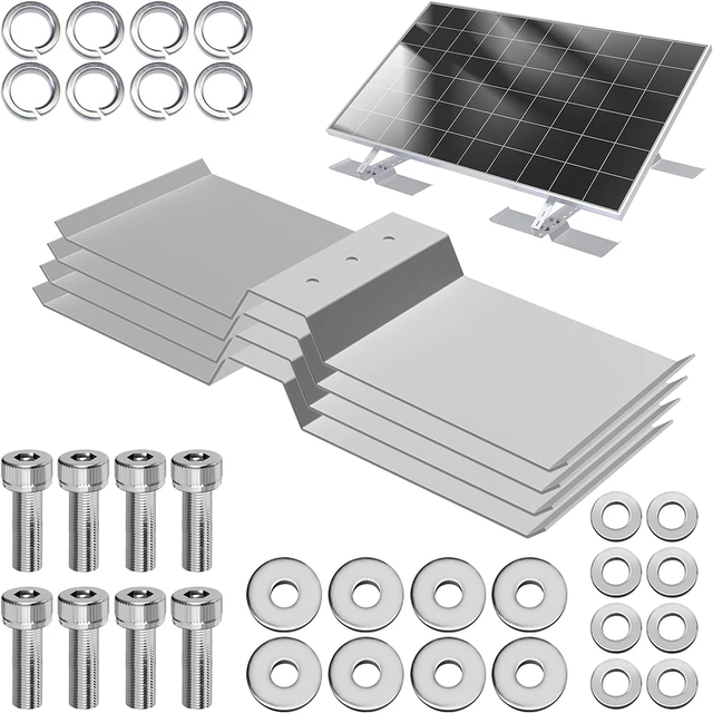 Aluminum ground-mount ballast plates with bolts and washers, shown with a solar panel tilt mount.