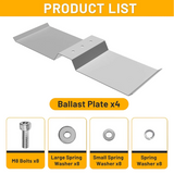 Package contents: four aluminum ballast plates with M8 bolts and spring washers.