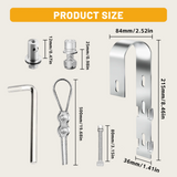 Product size diagram for the stainless steel hook and included hardware, with measurements labeled.