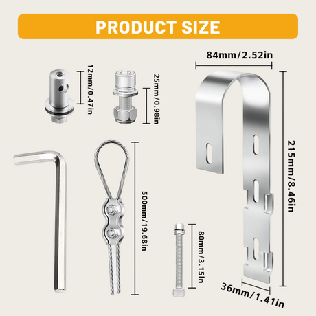 Product size diagram for the stainless steel hook and included hardware, with measurements labeled.