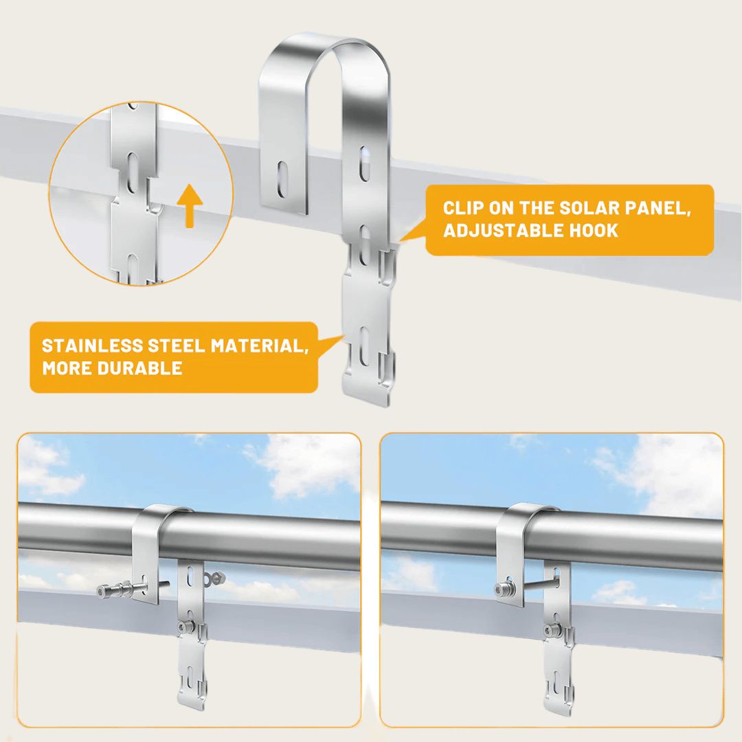 Close-up of adjustable stainless hook clipping over a round/flat rail, showing the latch position and mounting points.