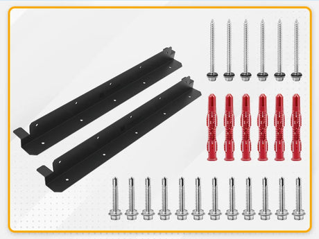Two black long Z solar brackets with bolts, screws, and anchors