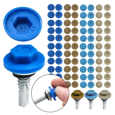 Colored M5.5 hex head screw caps with a fitted self-drilling screw example