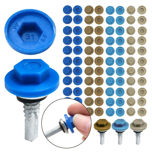 Colored M5.5 hex head screw caps with a fitted self-drilling screw example