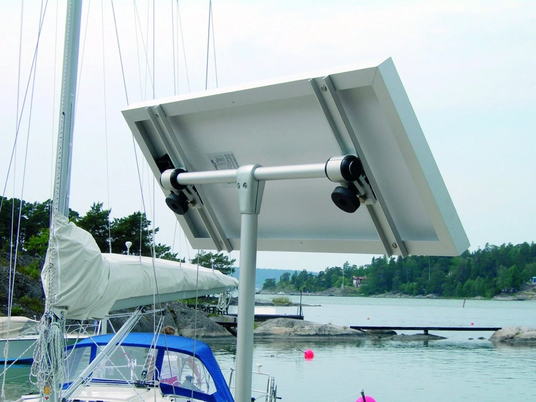 rigid solar panel mounted on adjustable pole bracket for sailboat marine charging