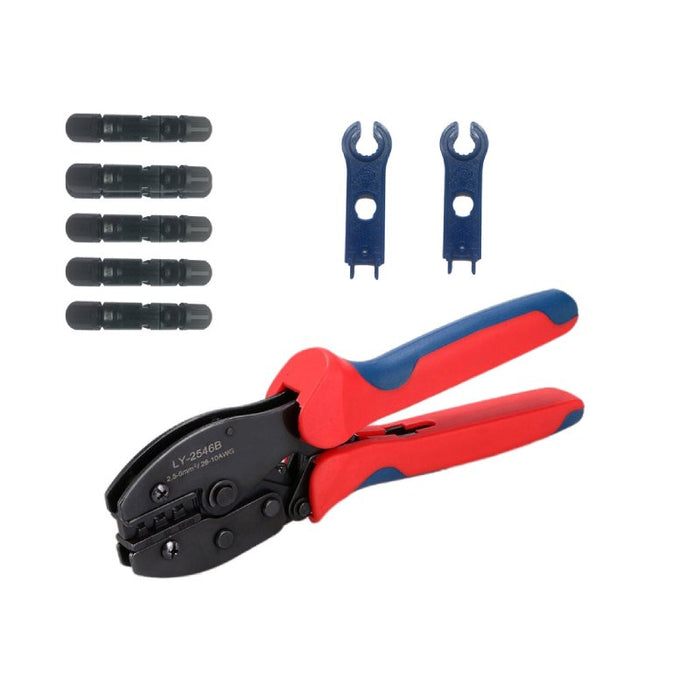 Crimping tool with MC4 male/female connector pairs and two plastic spanner keys.