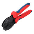 MC4 solar crimping tool with red/blue handles, jaws closed, three die cavities visible.
