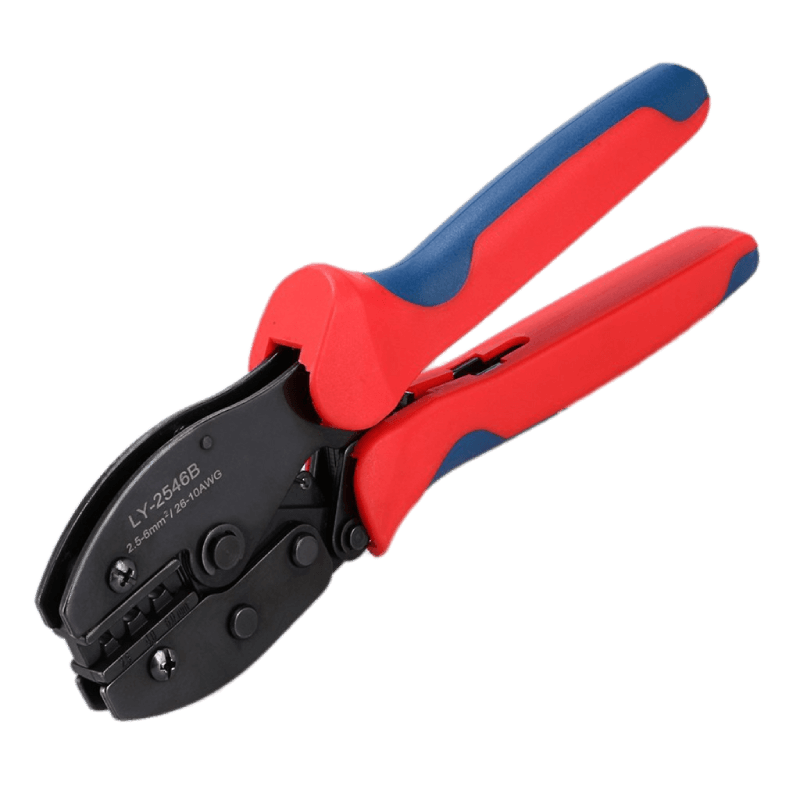 MC4 solar crimping tool with red/blue handles, jaws closed, three die cavities visible.
