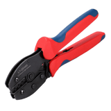 MC4 solar crimping tool with red/blue handles, jaws closed, three die cavities visible.