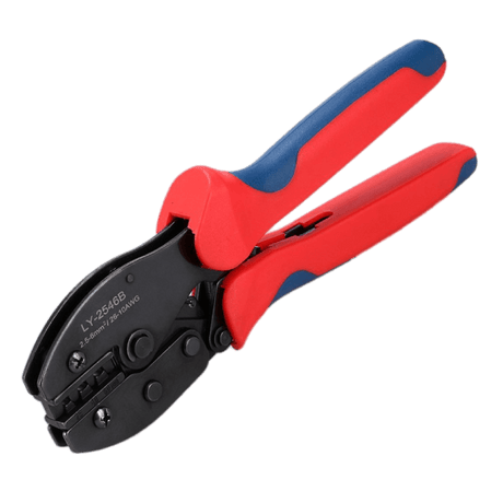 MC4 solar crimping tool with red/blue handles, jaws closed, three die cavities visible.