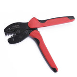 MC4 crimper in open position showing ratchet mechanism and die markings.