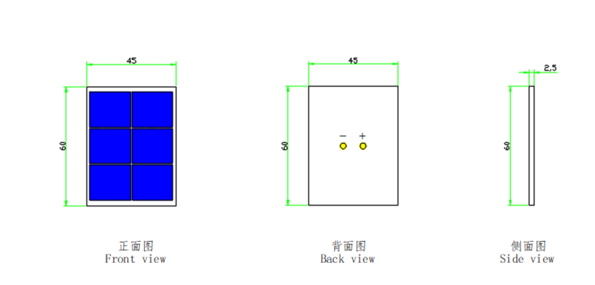 Dimension drawing of the 60×45 mm panel with front, back (solder pads), and side thickness views.