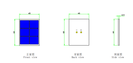 Dimension drawing of the 60×45 mm panel with front, back (solder pads), and side thickness views.