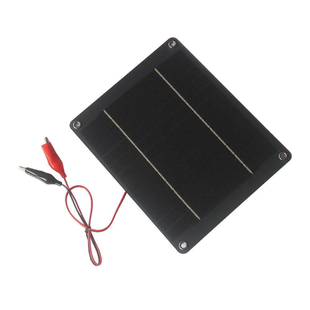 6W 12V mini solar panel with alligator clip leads, front view