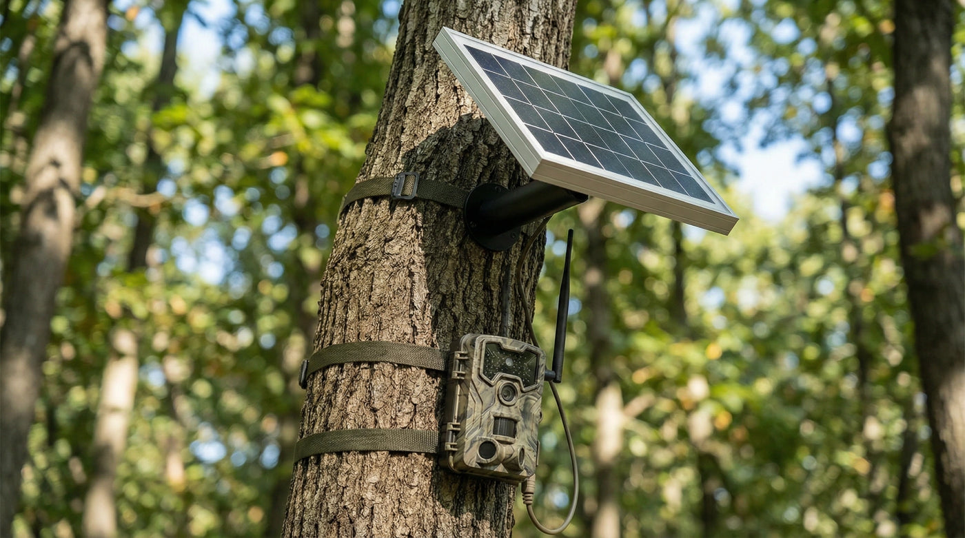 Mini solar panels powering a solar cellular trail camera mounted in the woods