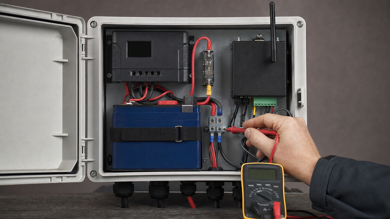 Representative inspection of a remote monitoring power enclosure with battery, charge controller, telemetry modem, terminal blocks, and test equipment.