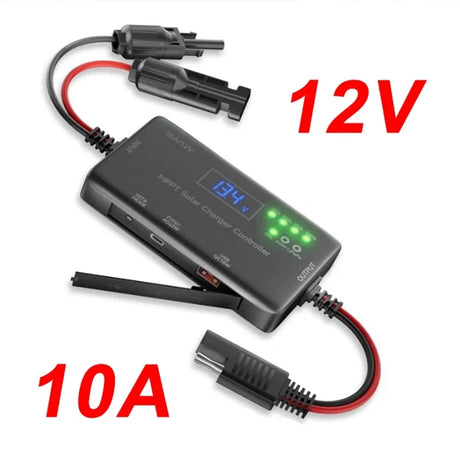 MPPT solar charge controller with connector leads, display, and status lights