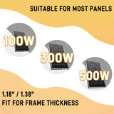An infographic illustrating that the solar mounting kit is suitable for most panels, including 100W, 300W, and 500W, and fits panel frames with a thickness of 1.18 inches or 1.38 inches