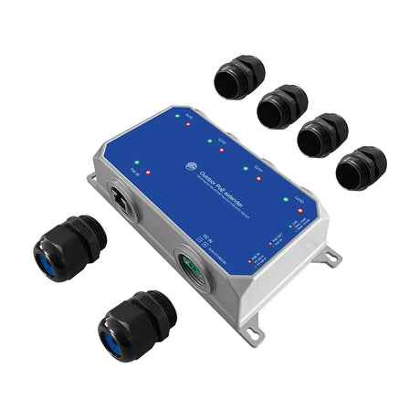 Outdoor four-port PoE extender with cable glands