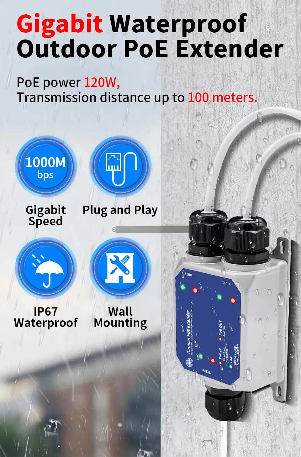 Outdoor 1-to-2 PoE extender mounted in a weather application graphic