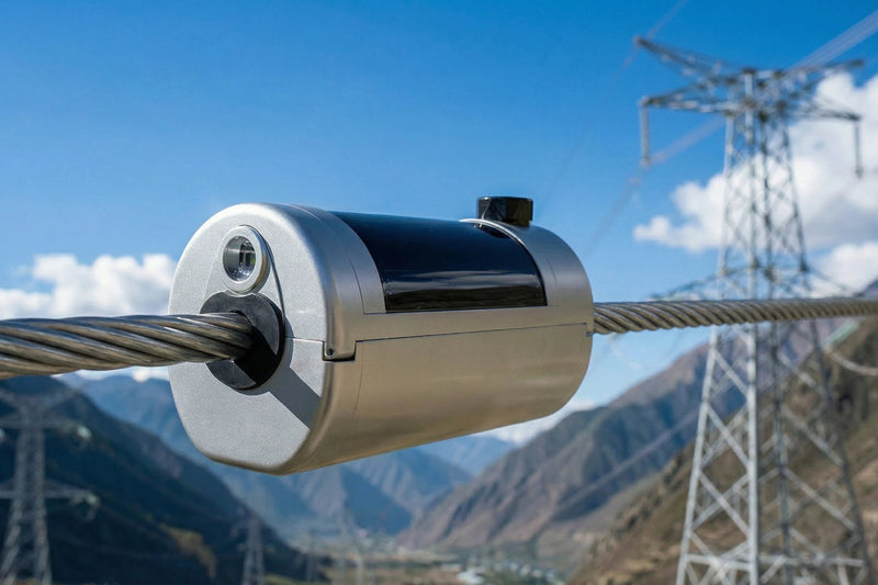 Representative overhead transmission corridor with solar-assisted line monitoring devices installed at remote spans.