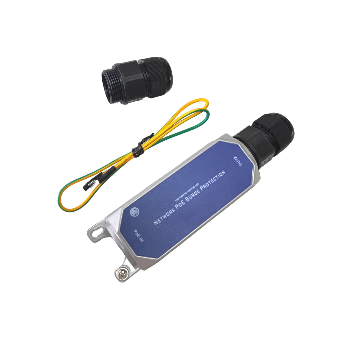 PoE surge protector output side with grounding lead