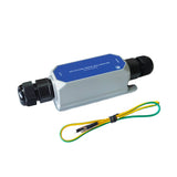 Outdoor PoE surge protector with installed cable glands and ground lead