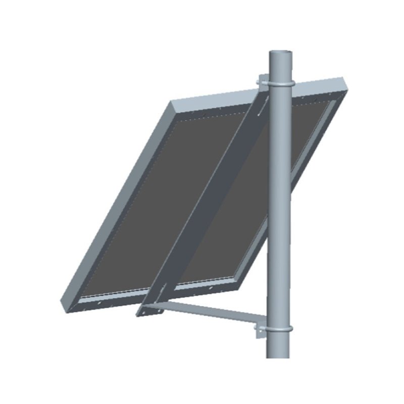 Rendered side view of pole mount with framed panel tilted on round pole.