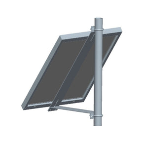 Rendered side view of pole mount with framed panel tilted on round pole.
