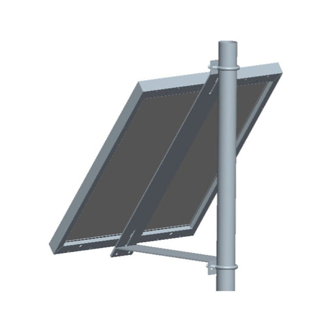 Rendered side view of pole mount with framed panel tilted on round pole.
