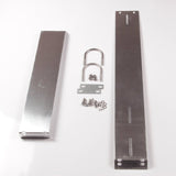 Kit contents laid out: long and short aluminum brackets, U-bolts, nuts, and washers.