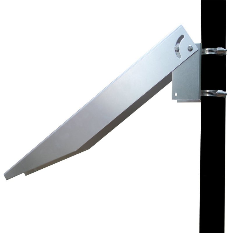 Profilo laterale del supporto a palo in alluminio con due fascette stringitubo su un palo rotondo.