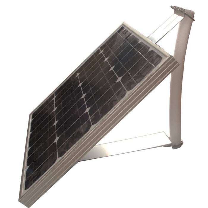 Oblique view of assembled pole mount supporting a framed solar panel.
