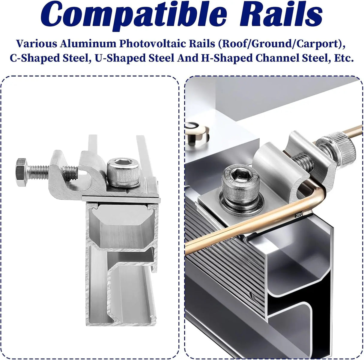 Grounding lug clamp attached to compatible photovoltaic rail profiles