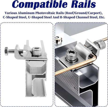 Grounding lug clamp attached to compatible photovoltaic rail profiles