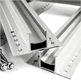 Close-up of rail profiles and fasteners highlighting material finish.