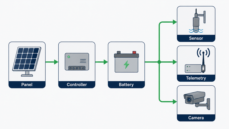 Diagram showing a solar panel, charge controller, and battery powering a stage sensor, telemetry radio, and optional camera.