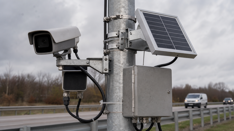 Close view of a roadside monitoring pole showing solar panel clamps, camera mount, sealed enclosure, cable glands and supported cable routing.
