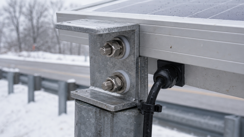 Close view of stainless fasteners, isolation washers, galvanized bracket, anodized solar-panel frame and sealed cable entry in a winter roadside setting.