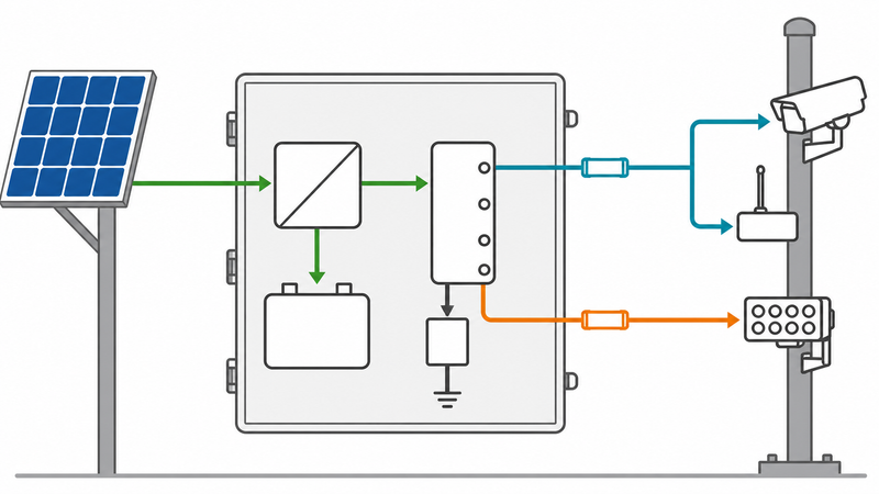 Reference power layout showing a solar panel, charge controller, battery, protected distribution, grounding and separate continuous and burst-load branches.