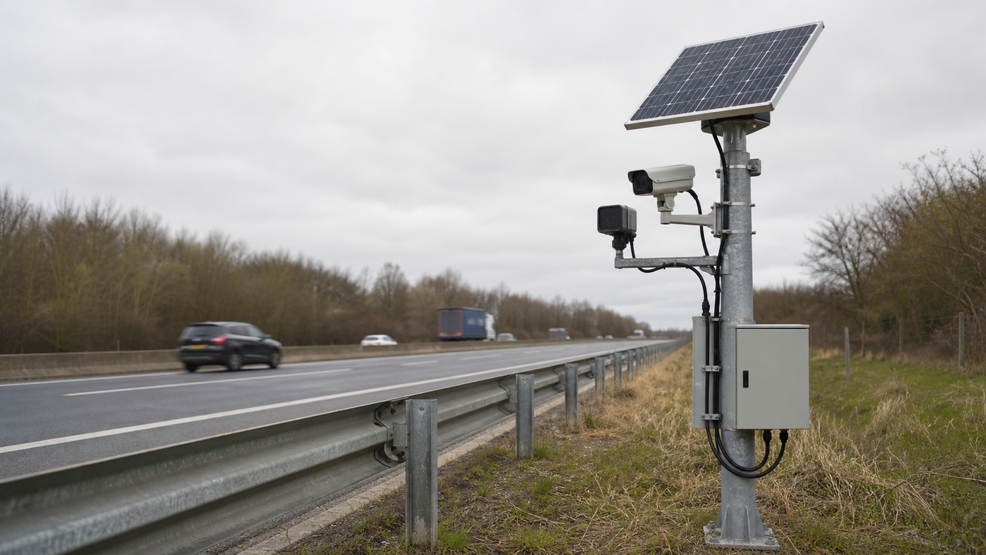 Solar-powered roadside traffic monitoring station with a panel, camera, radar sensor and weatherproof power enclosure beside a divided highway.