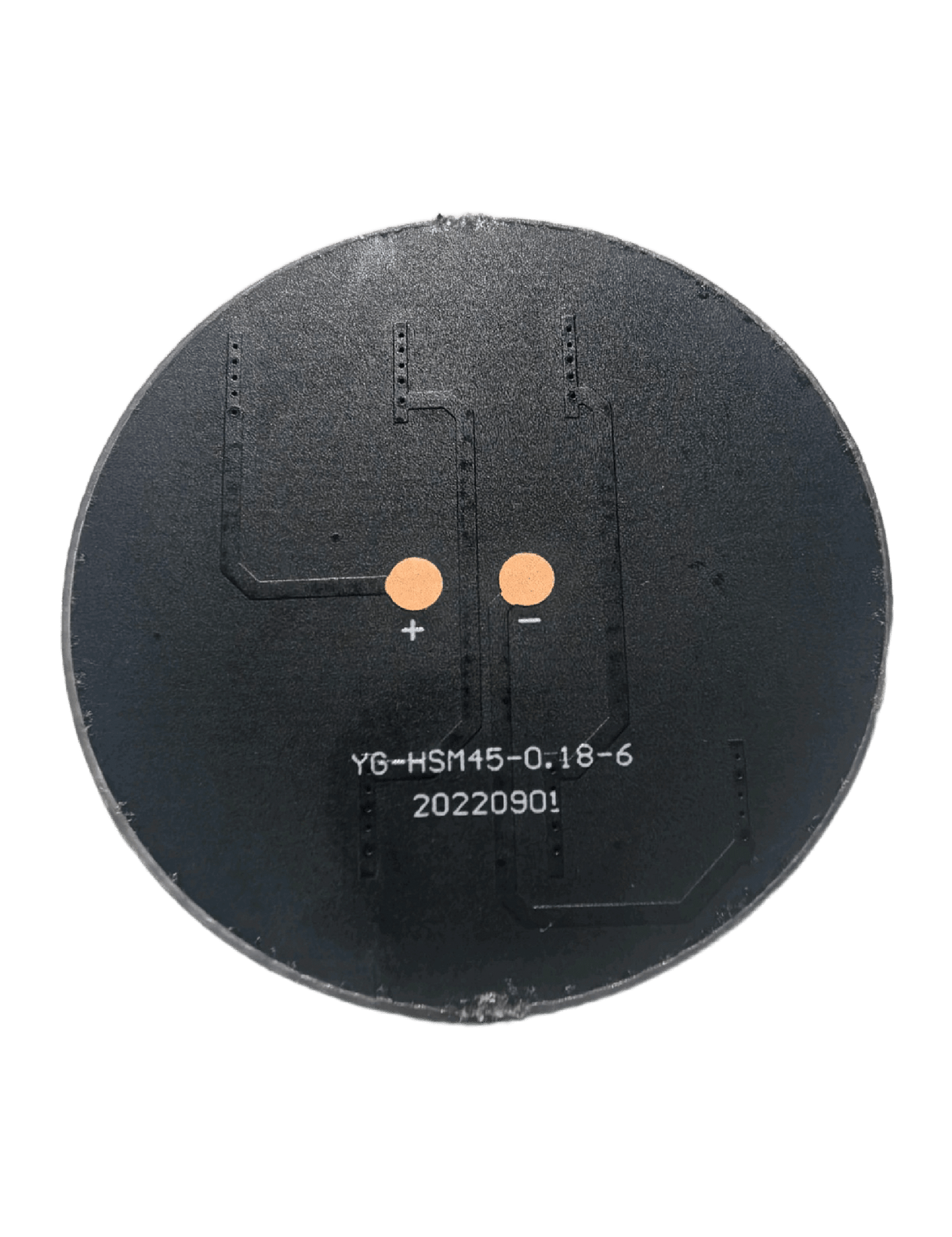 Back side of round panel showing two solder pads and PCB traces.