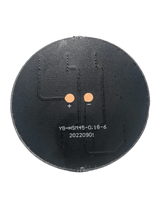 Back side of round panel showing two solder pads and PCB traces.