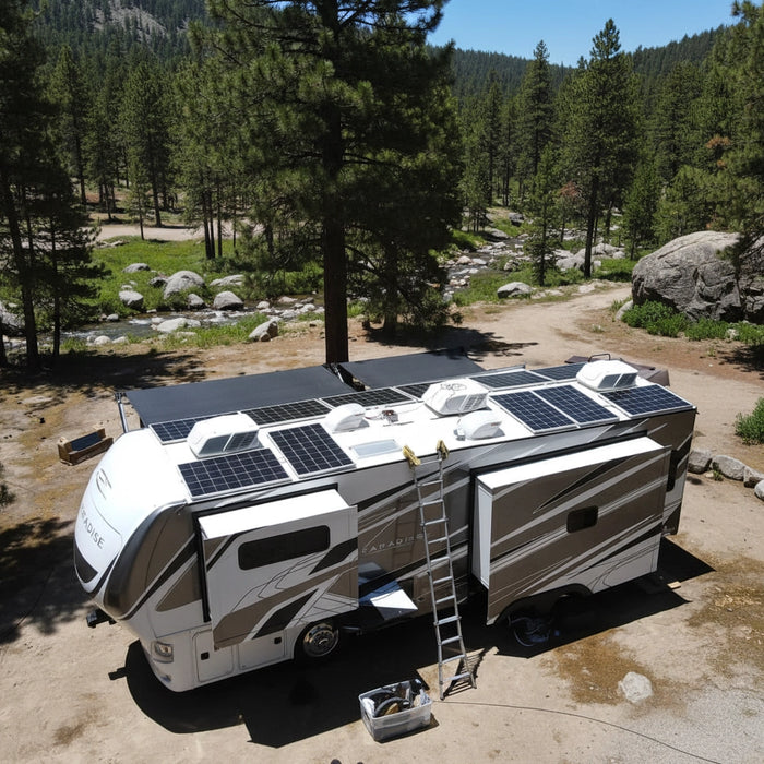 large RV rooftop solar panel system in forest campsite