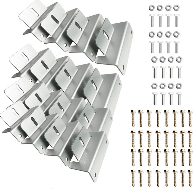 Sixteen aluminum solar Z brackets with mounting fasteners and washers