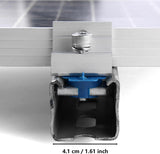 Silver solar panel end clamp mounted on a strut channel