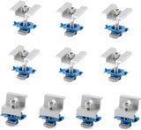 Six silver mid clamps and four end clamps with channel nut assemblies